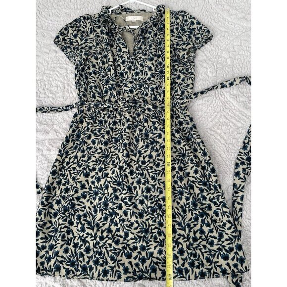 Loft Navy Blue and Stone Floral Short Sleeve Dress with Tie and Ruffels Sz MP - Picture 5 of 9